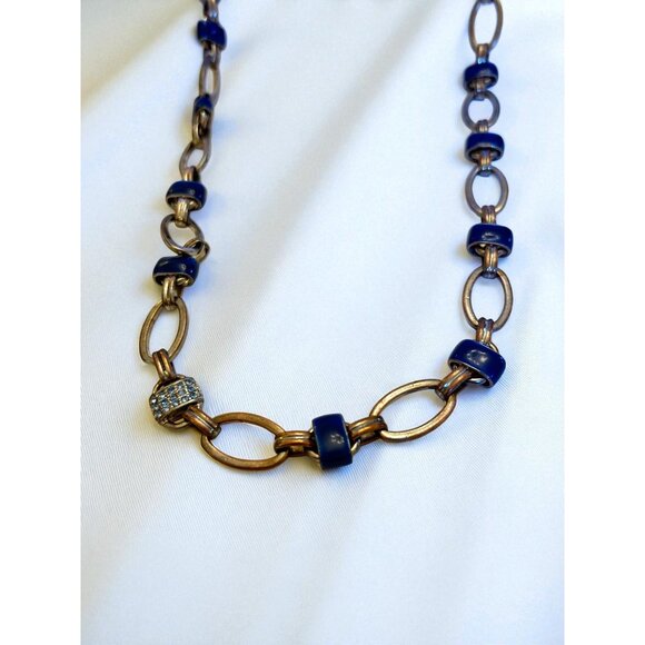 Coldwater Creek Gold-Tone Link Necklace Blue Accents & Rhinestone Details - Picture 9 of 9